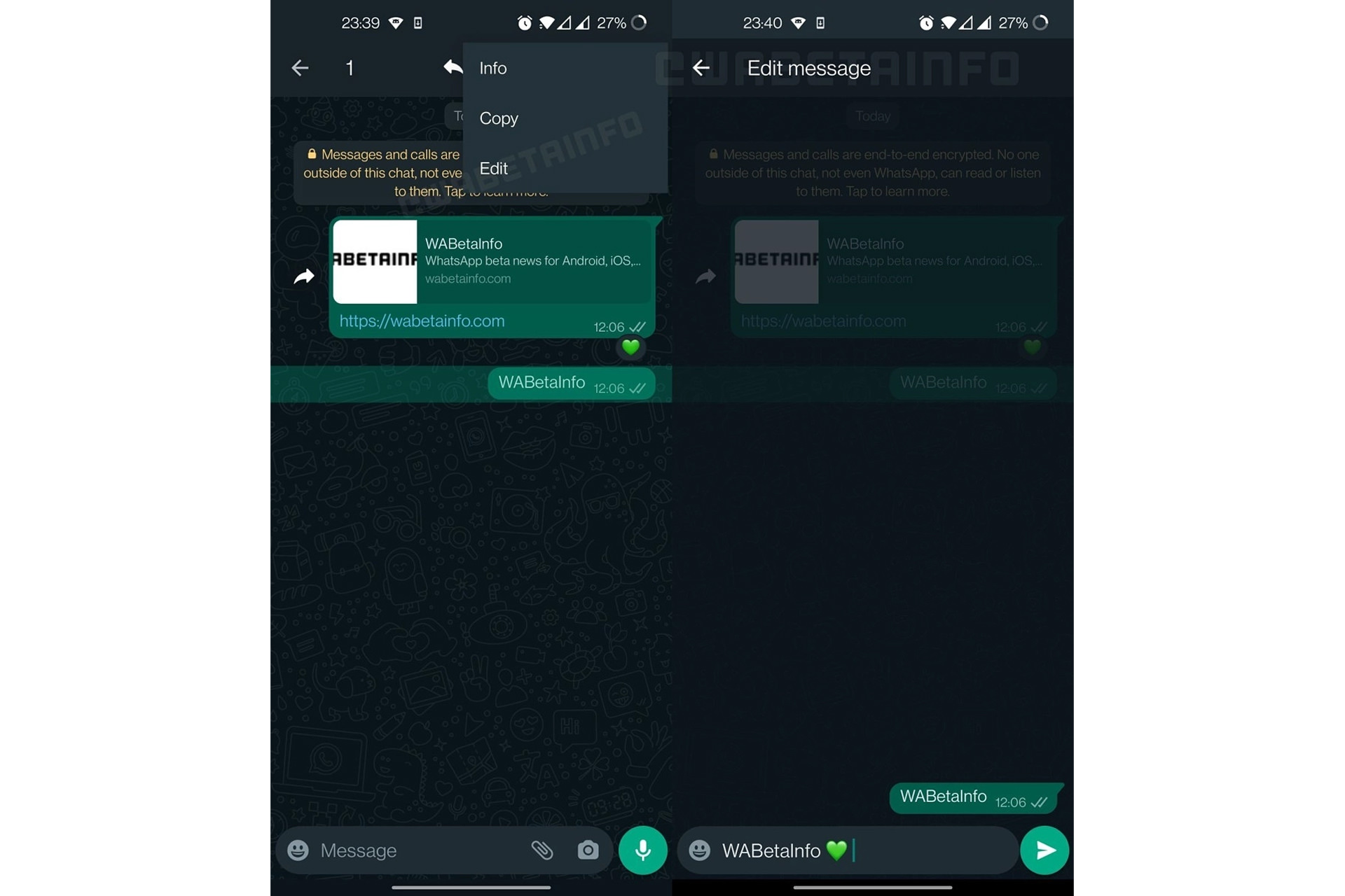 اسکرین شات قابلیت ویرایش پیام واتساپ / WhatsApp نسخه آزمایشی