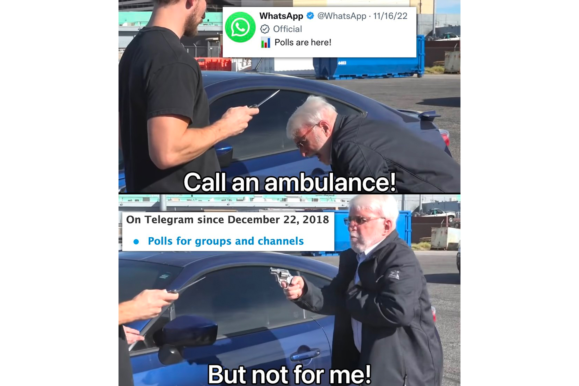 میم پیرمرد زنگ بزن به آمبولانس / تمسخر واتساپ توسط تلگرام